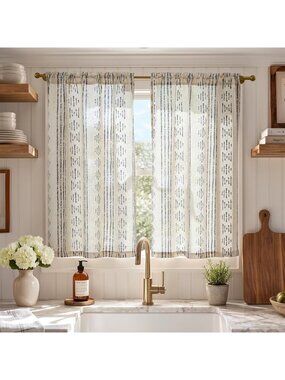 Boho Striped Linen Tier Curtains | Chic Cafe Kitchen Window Drapes